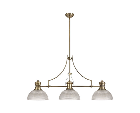 C-Lighting Kirby 3 Light Linear Pendant E27 With 30cm Prismatic Glass Shade, Antique Brass, Clear - 29764