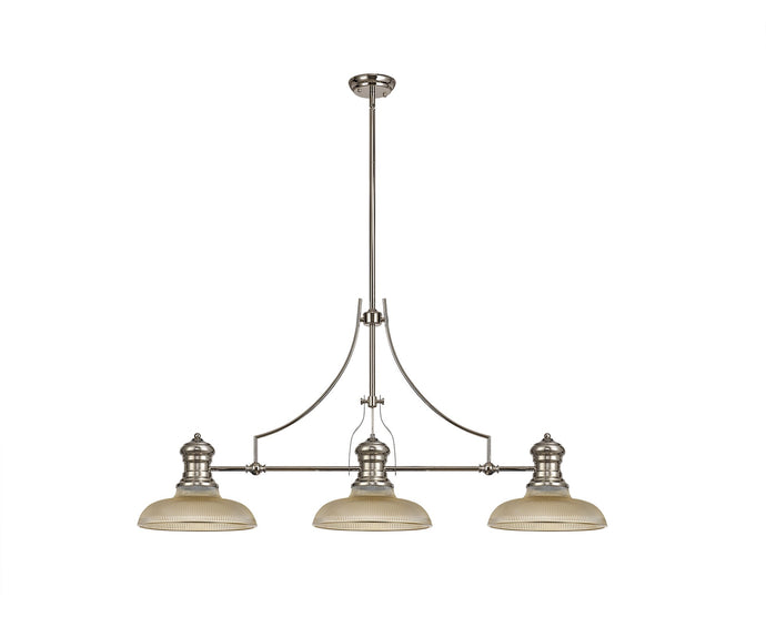 C-Lighting Kirby 3 Light Linear Pendant E27 With 30cm Round Glass Shade, Polished Nickel, Amber - 29765
