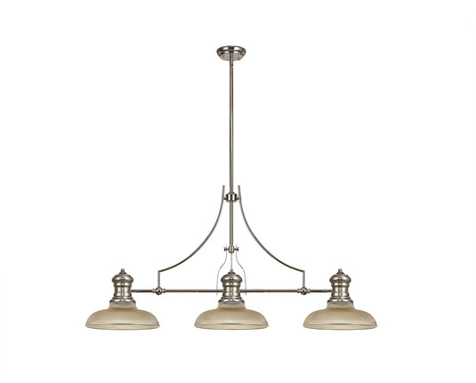 C-Lighting Kirby 3 Light Linear Pendant E27 With 30cm Round Glass Shade, Polished Nickel, Amber - 29765