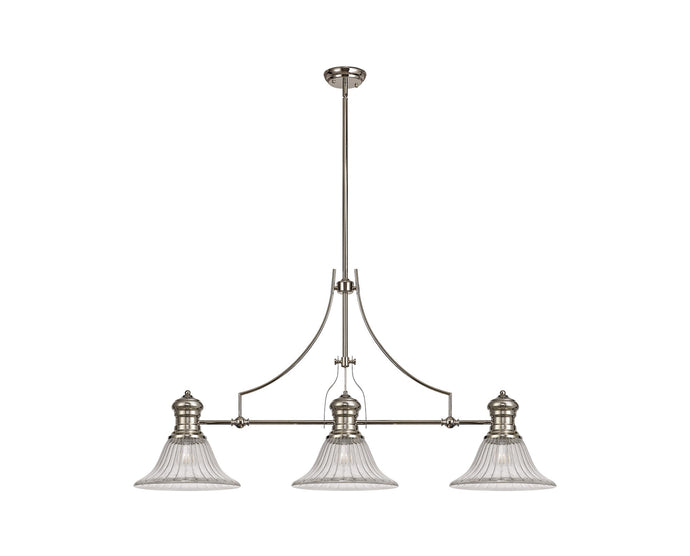 C-Lighting Kirby 3 Light Linear Pendant E27 With 30cm Bell Glass Shade, Polished Nickel, Clear - 29768