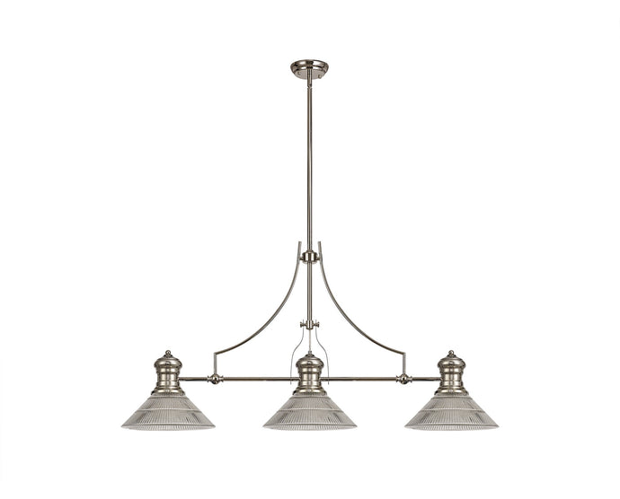 C-Lighting Kirby 3 Light Linear Pendant E27 With 30cm Cone Glass Shade, Polished Nickel, Clear - 29769
