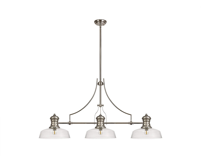 C-Lighting Kirby 3 Light Linear Pendant E27 With 30cm Flat Round Glass Shade, Polished Nickel, Clear - 29772