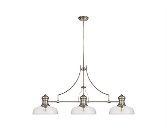 C-Lighting Kirby 3 Light Linear Pendant E27 With 30cm Flat Round Glass Shade, Polished Nickel, Clear - 29772
