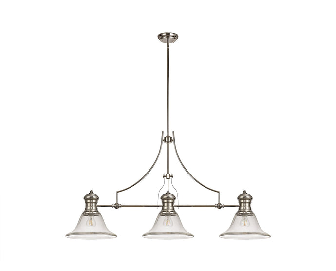 C-Lighting Kirby 3 Light Linear Pendant E27 With 30cm Smooth Bell Glass Shade, Polished Nickel, Clear - 29773