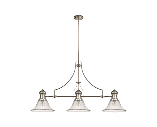 C-Lighting Kirby 3 Light Linear Pendant E27 With 30cm Smooth Bell Glass Shade, Polished Nickel, Clear - 29773
