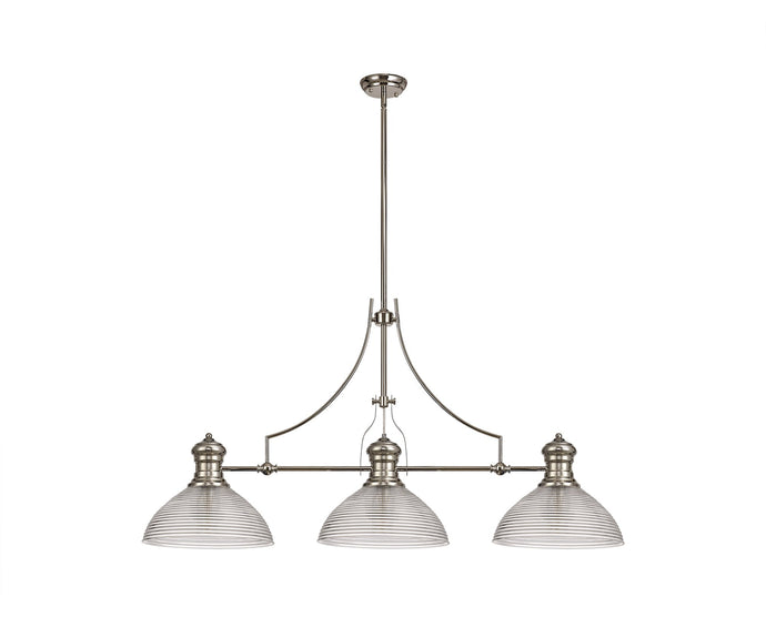 C-Lighting Kirby 3 Light Linear Pendant E27 With 33.5cm Prismatic Glass Shade, Polished Nickel, Clear - 29775