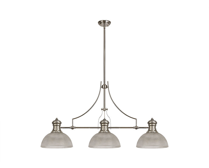 C-Lighting Kirby 3 Light Linear Pendant E27 With 30cm Prismatic Glass Shade, Polished Nickel, Clear - 29776
