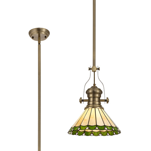 C-Lighting Kirby/Heath 1 Light Pendant E27 With 30cm Tiffany Shade, Antique Brass/Green/Cmurston/Crystal - 29851