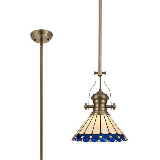 C-Lighting Kirby/Heath 1 Light Pendant E27 With 30cm Tiffany Shade, Antique Brass/Blue/Cmurston/Crystal - 29854