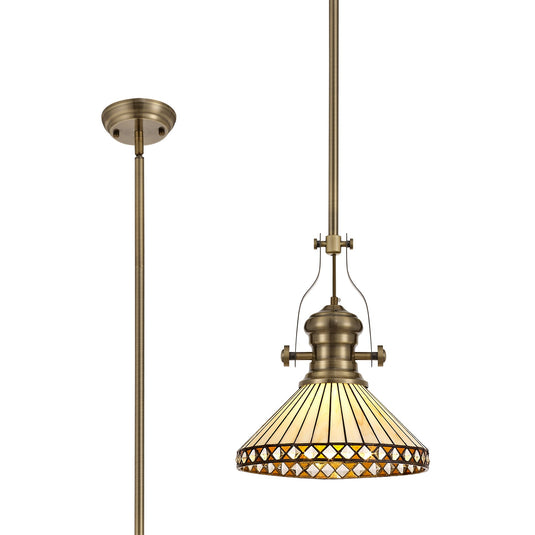 C-Lighting Kirby/Westbrook 1 Light Pendant E27 With 30cm Tiffany Shade, Antique Brass/Amber/Cmurston/Crystal - 29855