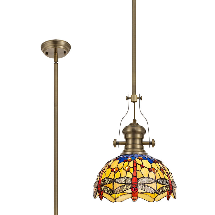 C-Lighting Kirby/Nectar 1 Light Pendant E27 With 30cm Tiffany Shade, Antique Brass/Blue/Orange/Crystal - 29856