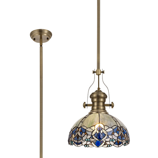 C-Lighting Kirby/Hadlow 1 Light Pendant E27 With 30cm Tiffany Shade, Antique Brass/Blue/Clear Crystal - 29858