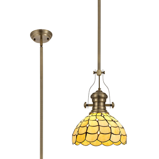 C-Lighting Kirby/Brook 1 Light Pendant E27 With 30cm Tiffany Shade, Antique Brass/Beige/Clear Crystal - 29859