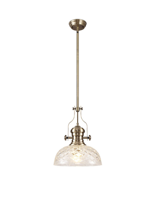 C-Lighting Kirby Pendant With 30cm Flat Round Patterned Shade, 1 x E27, Antique Brass/Clear Glass - 29862
