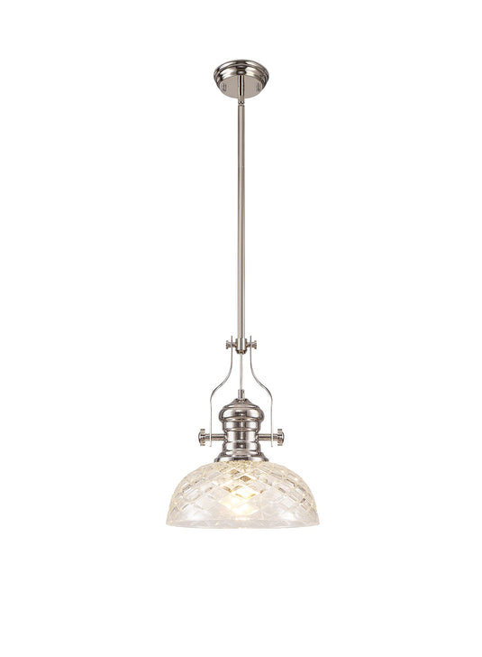 C-Lighting Kirby Pendant With 30cm Flat Round Patterned Shade, 1 x E27, Polished Nickel/Clear Glass - 29866