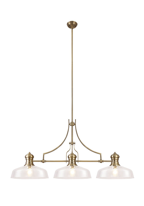 C-Lighting Kirby Linear Pendant With 38cm Flat Round Shade, 3 x E27, Antique Brass/Clear Glass - 29867