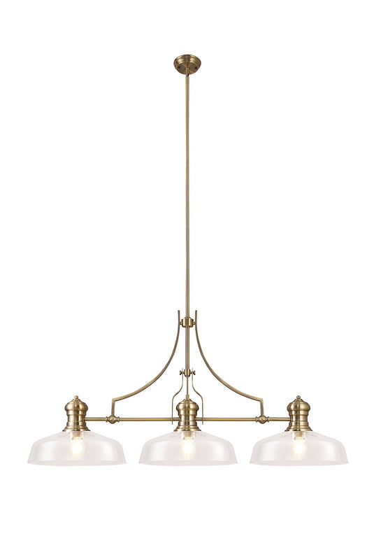 C-Lighting Kirby Linear Pendant With 38cm Flat Round Shade, 3 x E27, Antique Brass/Clear Glass - 29867