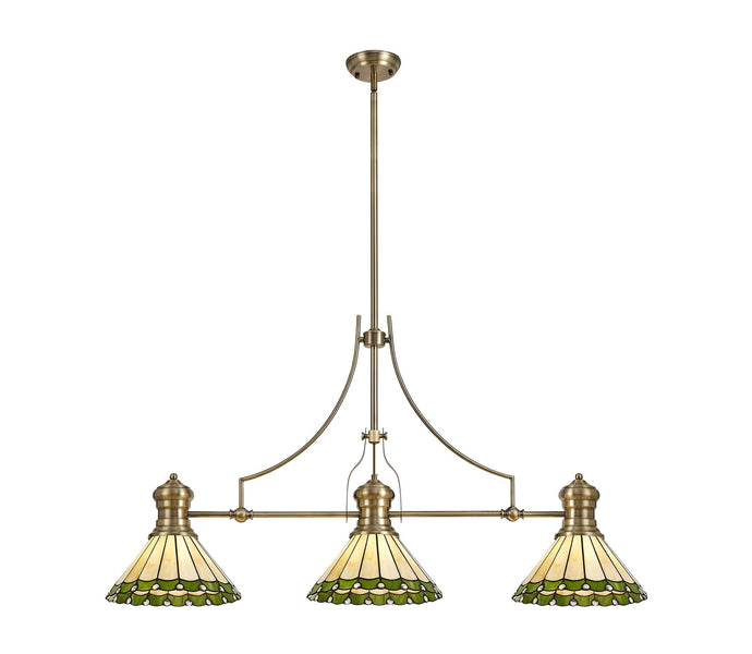 C-Lighting Kirby, Heath 3 Light Linear Pendant E27 With 30cm Tiffany Shade, Antique Brass, Green, Cmurston, Crystal - 29870