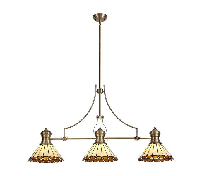 C-Lighting Kirby, Heath 3 Light Linear Pendant E27 With 30cm Tiffany Shade, Antique Brass, Amber, Cmurston, Crystal - 29871