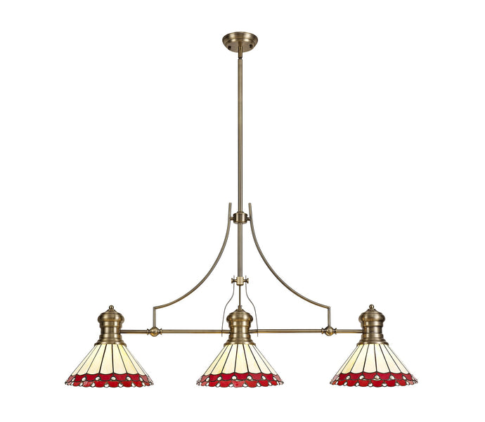 C-Lighting Kirby, Heath 3 Light Linear Pendant E27 With 30cm Tiffany Shade, Antique Brass, Red, Cmurston, Crystal - 29872