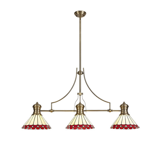C-Lighting Kirby, Heath 3 Light Linear Pendant E27 With 30cm Tiffany Shade, Antique Brass, Red, Cmurston, Crystal - 29872