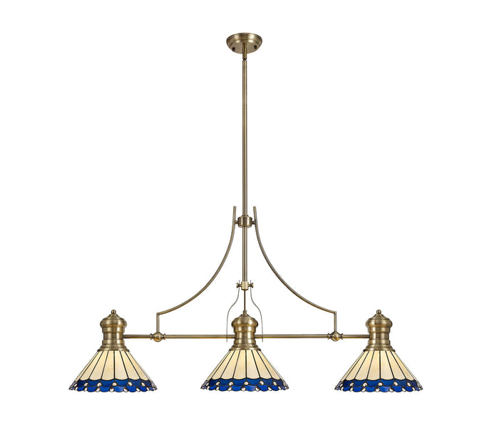 C-Lighting Kirby, Heath 3 Light Linear Pendant E27 With 30cm Tiffany Shade, Antique Brass, Blue, Cmurston, Crystal - 29873