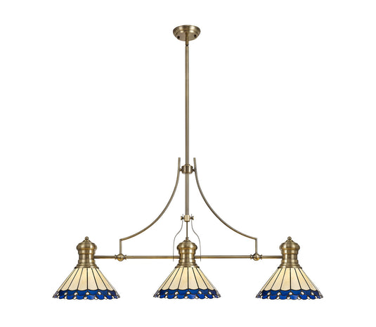 C-Lighting Kirby, Heath 3 Light Linear Pendant E27 With 30cm Tiffany Shade, Antique Brass, Blue, Cmurston, Crystal - 29873