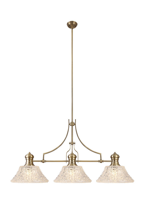 C-Lighting Kirby Linear Pendant With 38cm Patterned Round Shade, 3 x E27, Antique Brass/Clear Glass Item Weight: 19.1kg - 29874