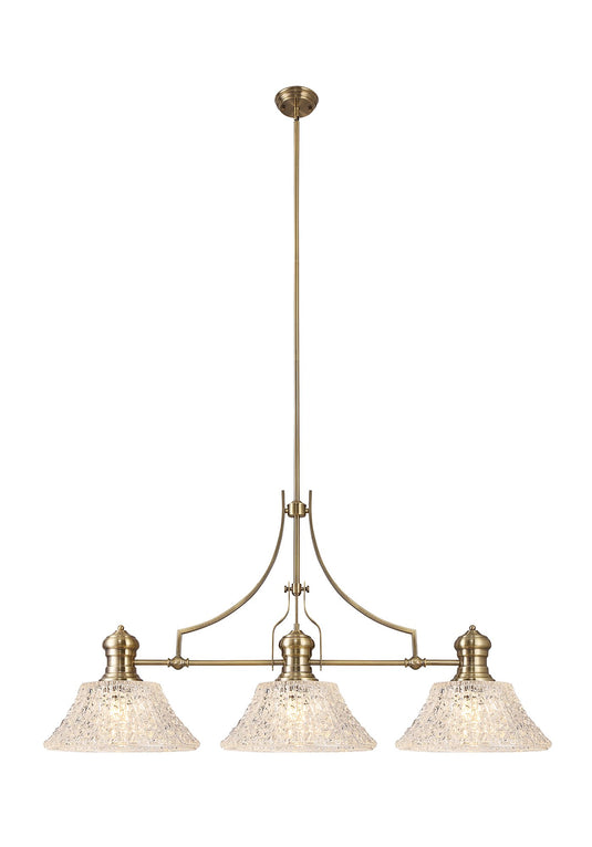 C-Lighting Kirby Linear Pendant With 38cm Patterned Round Shade, 3 x E27, Antique Brass/Clear Glass Item Weight: 19.1kg - 29874