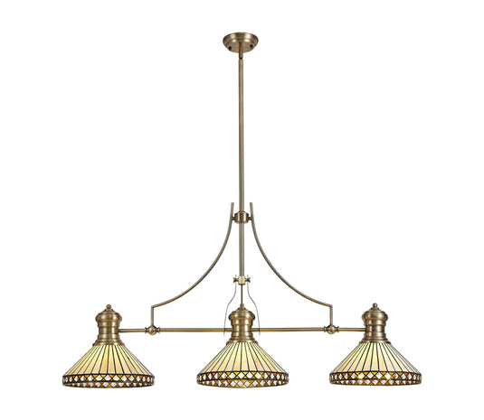 C-Lighting Kirby, Westbrook 3 Light Linear Pendant E27 With 30cm Tiffany Shade, Antique Brass, Amber, Cmurston, Crystal - 29875