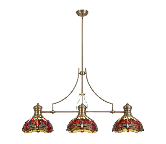 C-Lighting Kirby, Nectar 3 Light Linear Pendant E27 With 30cm Tiffany Shade, Antique Brass, Purple, Pink, Crystal - 29877