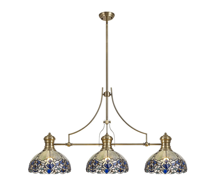 C-Lighting Kirby, Hadlow 3 Light Linear Pendant E27 With 30cm Tiffany Shade, Antique Brass, Blue, Clear Crystal - 29878