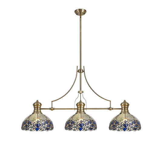 C-Lighting Kirby, Hadlow 3 Light Linear Pendant E27 With 30cm Tiffany Shade, Antique Brass, Blue, Clear Crystal - 29878
