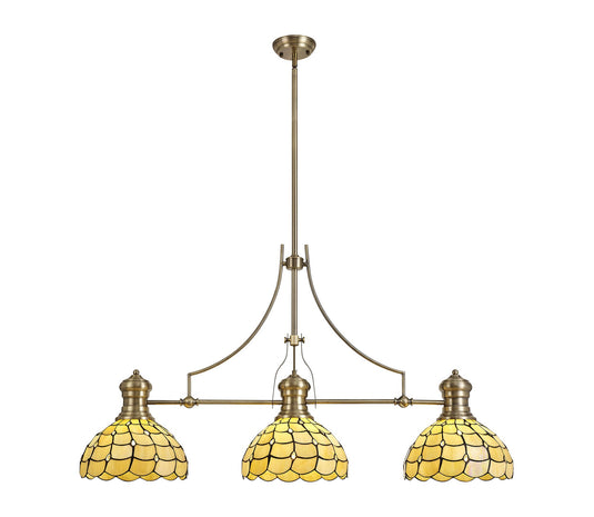 C-Lighting Kirby, Brook 3 Light Linear Pendant E27 With 30cm Tiffany Shade, Antique Brass, Beige, Clear Crystal - 29879