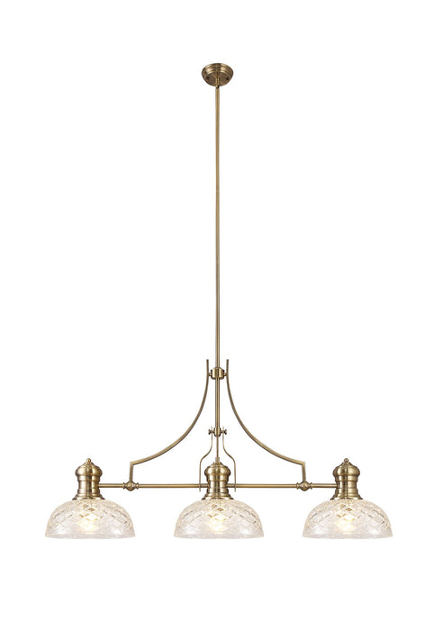 C-Lighting Kirby Linear Pendant With 30cm Flat Round Patterned Shade, 3 x E27, Antique Brass/Clear Glass - 29880
