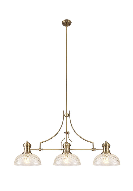C-Lighting Kirby Linear Pendant With 30cm Flat Round Patterned Shade, 3 x E27, Antique Brass/Clear Glass - 29880
