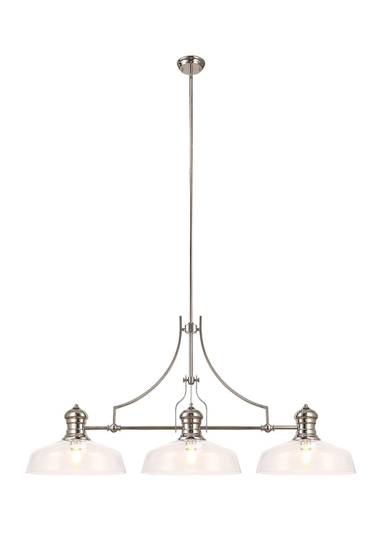 C-Lighting Kirby Linear Pendant With 38cm Flat Round Shade, 3 x E27, Polished Nickel/Clear Glass - 29881