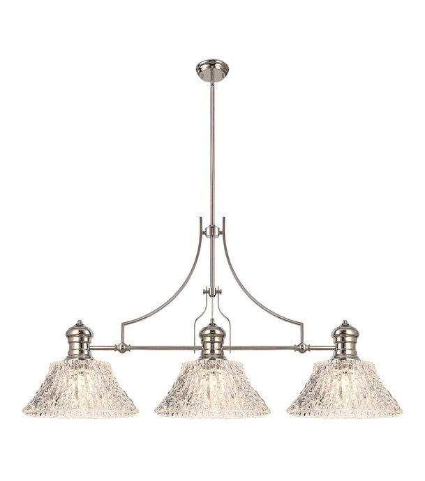 C-Lighting Kirby Linear Pendant With 38cm Patterned Round Shade, 3 x E27, Polished Nickel/Clear Glass Item Weight: 19.1kg - 29882