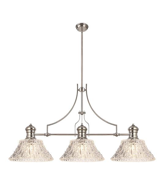 C-Lighting Kirby Linear Pendant With 38cm Patterned Round Shade, 3 x E27, Polished Nickel/Clear Glass Item Weight: 19.1kg - 29882