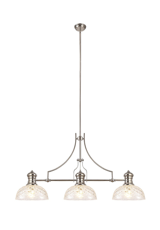 C-Lighting Kirby Linear Pendant With 30cm Flat Round Patterned Shade, 3 x E27, Polished Nickel/Clear Glass - 29883