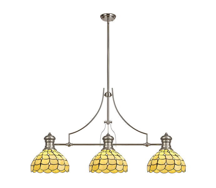 C-Lighting Kirby, Brook 3 Light Linear Pendant E27 With 30cm Tiffany Shade, Polished Nickel, Beige, Clear Crystal - 29887