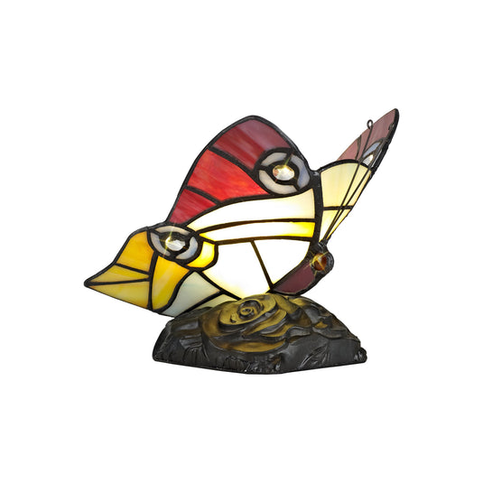 C-Lighting Layla Tiffany Butterfly Table Lamp, 1 x E14, Black Base With Red/Yellow/Blue Glass With Clear Crystal - 28889