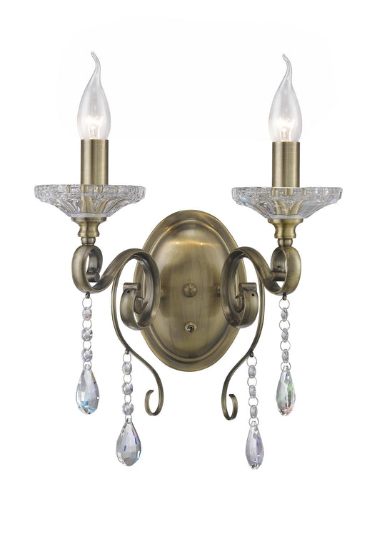 Diyas IL32072 Libra Wall Lamp Switched 2 Light Antique Brass/Crystal - 38512