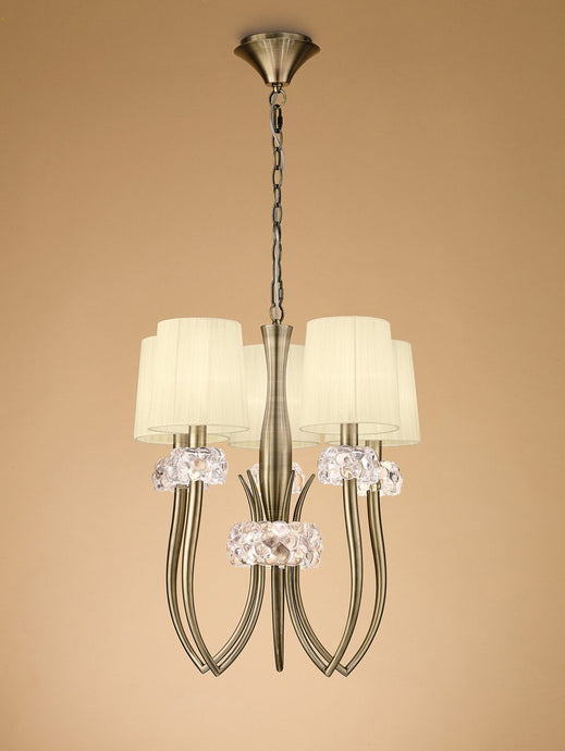 Mantra M4632AB Loewe Slim Pendant 5 Light E27, Antique Brass With Cream Shades