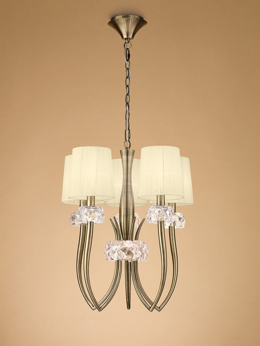 Mantra M4632AB Loewe Slim Pendant 5 Light E27, Antique Brass With Cream Shades