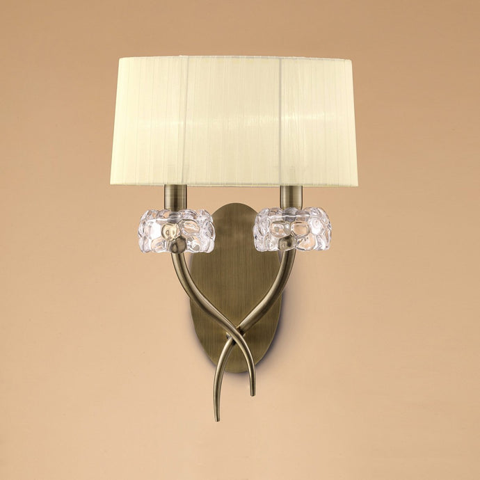 Mantra M4634AB/S Loewe Wall Lamp Switched 2 Light E14, Antique Brass With Cream Shade
