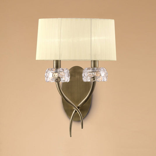 Mantra M4634AB/S Loewe Wall Lamp Switched 2 Light E14, Antique Brass With Cream Shade