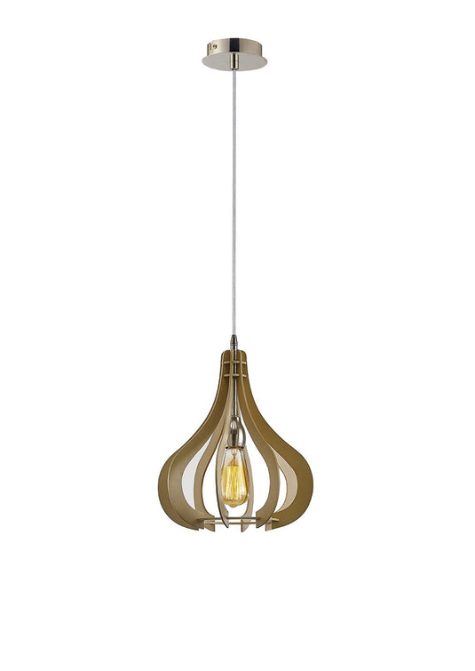 Diyas IL31660 Lorna Pendant 1 Light E27 Small Polished Nickel/Beige Finish Wood - 25222