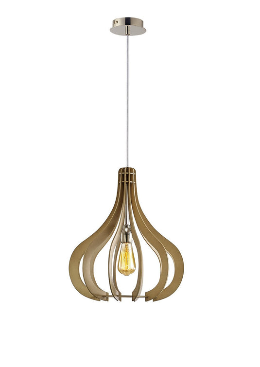 Diyas IL31661 Lorna Pendant 1 Light E27 Large Polished Nickel/Beige Finish Wood - 38446