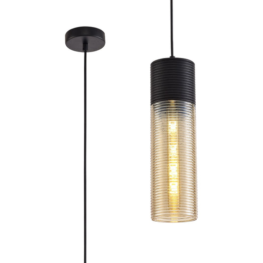 C-Lighting Lydden Single Tube Pendant 1 Light E27, Black/Amber Glass - 28972